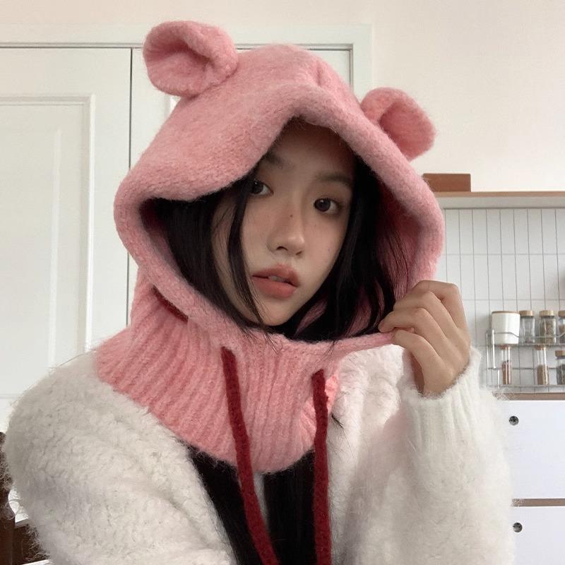 

Корейская милая балаклава для ушей, зимняя теплая защита для ушей, шерстяная шапка, вязаный шарф, интегрированный капюшон M（56-60cm）