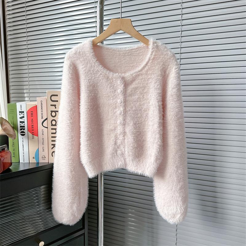 

Женский вязаный свитер, однотонный теплый короткий топ, куртка One size розовый