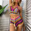 Crochet Bikini Sets Multi Color Knitted Rainbow Striped Off Shoulder Top + Bottom Bikini Beachwear Bathing Suit Women Swimsuit