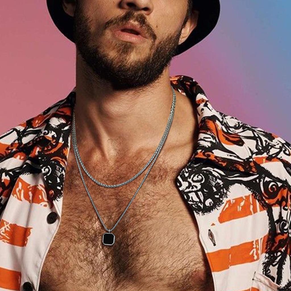 Vnox Stylish Mens Geometric Necklace with Black Enamel, Stainless Steel Metal Double Layered Chain Collar, Unique Gifts for Men