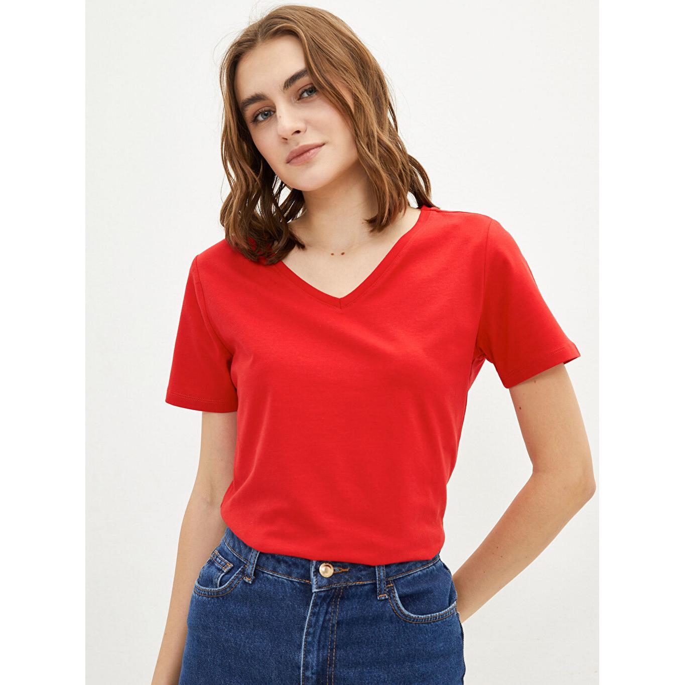 

LCW BASIC Прямая женская футболка с коротким рукавом с v-образным вырезом, красная