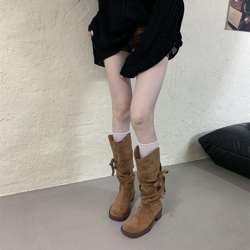 2025 Autumn New Wasteland Fringed Knight Boots Women's Thick Heel Medium Heel Tube Boots Stacking Boots