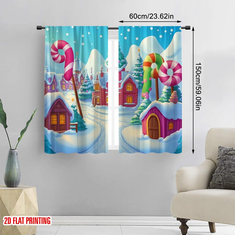 2pcs,2D Plane Printing Popular Curtains Candy Christmas Village Scene (4) Versatile Polyester (without Rod) Outdoor Decorations