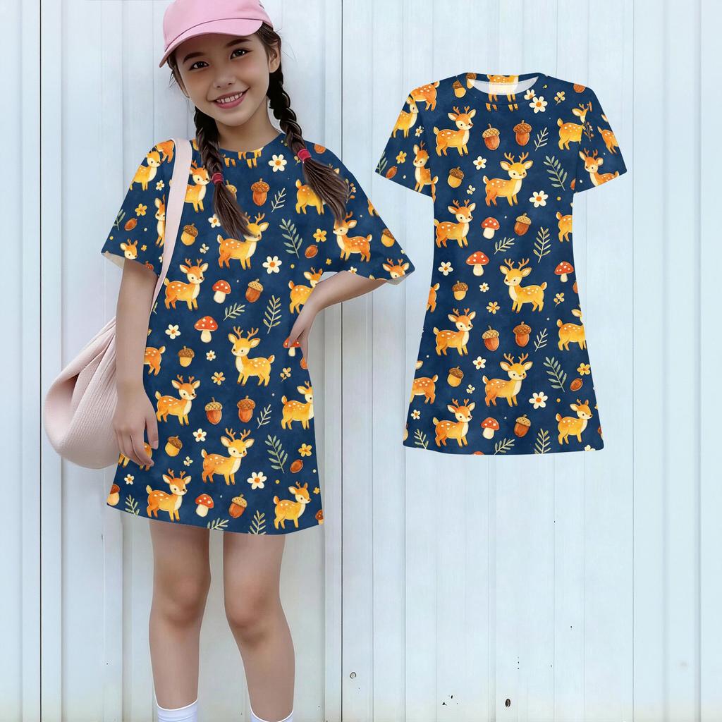 Girls Animal Print Dress Short Sleeve Round Neck Loose Fit Lightweight Casual Summer Dress for Kids