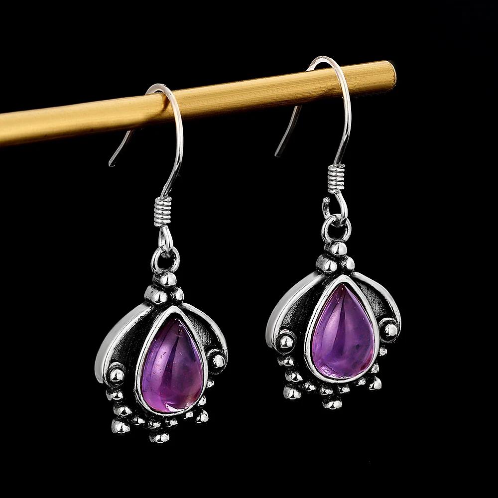 QIBAOKU Silver Drop Earrings 7X9MM Natural Amethyst Charoite Vintage for Women Party Anniversary Gifts Wholesale