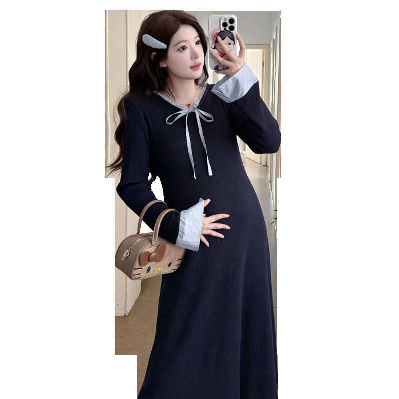 Autumn/Winter 2025 French-Style High-End Navy Blue Maternity Dress