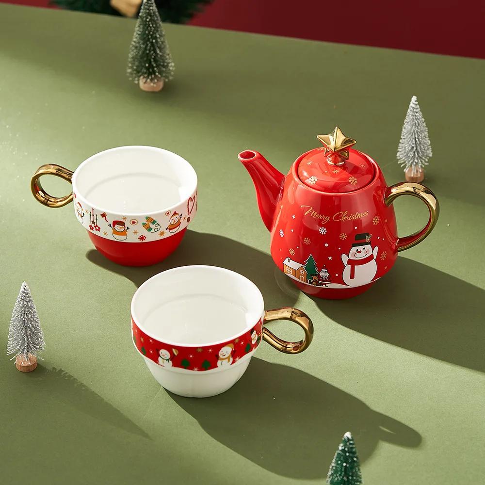 Gold plated tea set ins Christmas ceramic teapot, one pot, two cups
