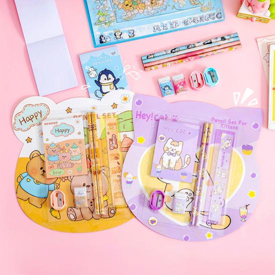 6Pcs/Set Kids Cartoon Stationery Set with 2 Pencils Eraser Sharpener Ruler Notebook Students School Supplies Classroom Prizes Children's Day Gifts
