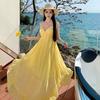Internet Celebrity Design Heavy Industry Seaside Vacation Dress Yellow Plaid Irregular Backless Beach Dress