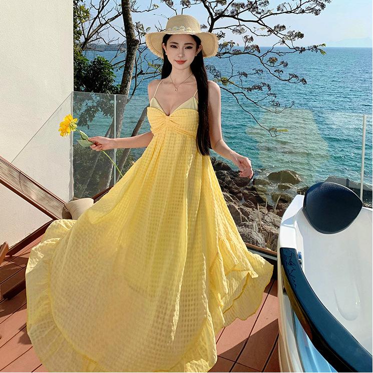 Internet Celebrity Design Heavy Industry Seaside Vacation Dress Yellow Plaid Irregular Backless Beach Dress