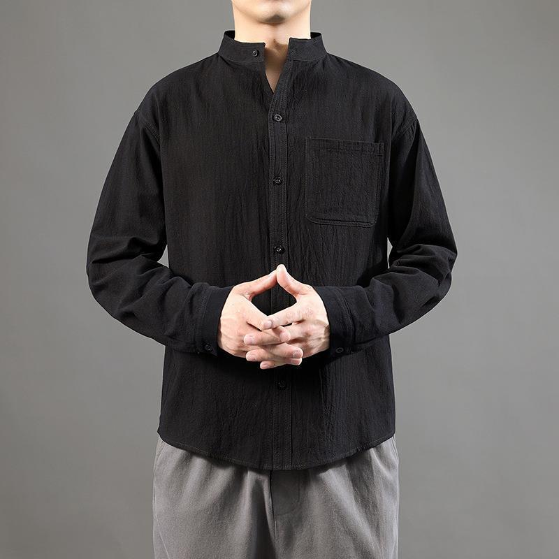 Men's Chinese Style Casual Linen Shirt - Solid Color, Loose Fit, Three-Quarter Sleeves, Summer Cotton Blend