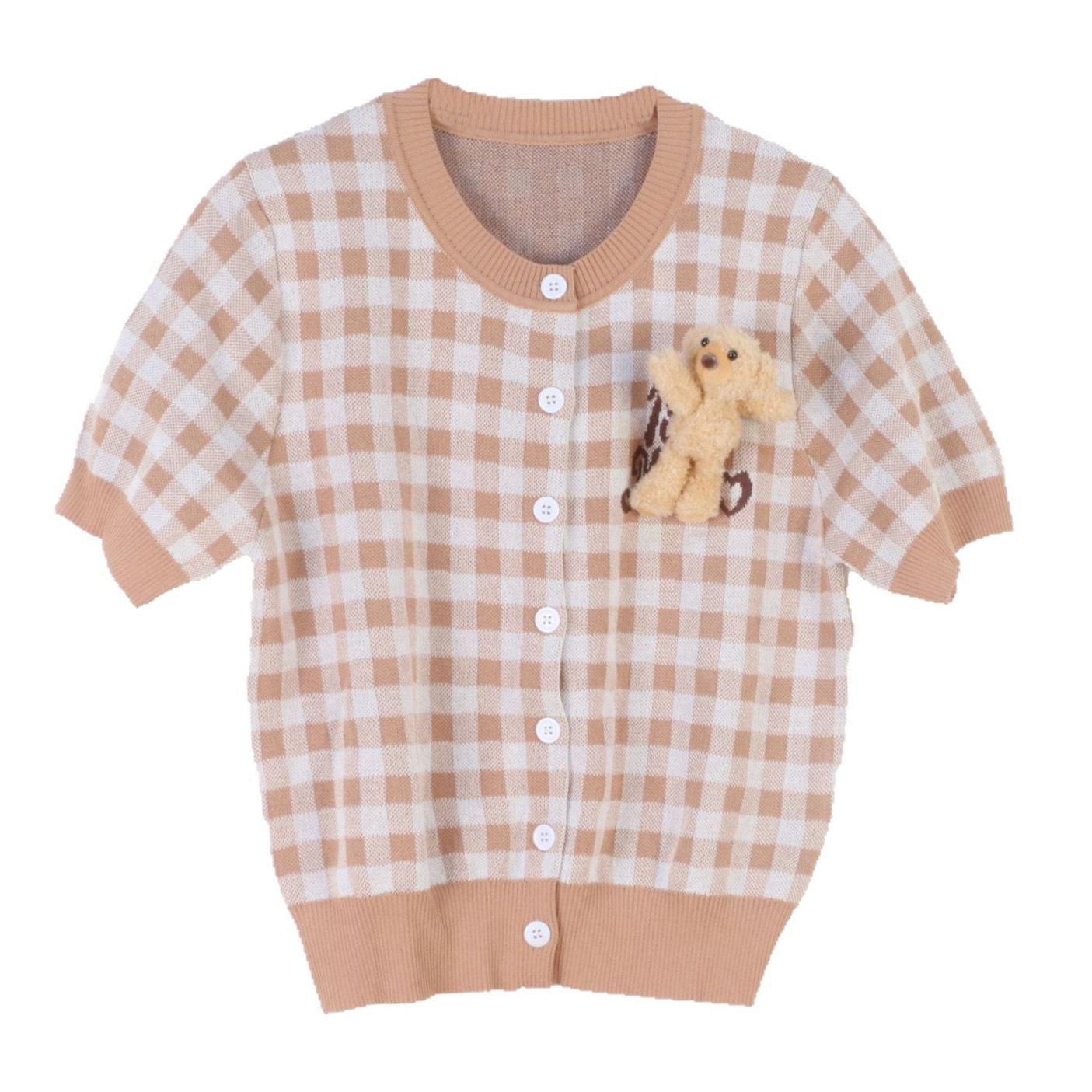 

Весенне-летняя корейская клетчатая вязаная кофта-кардиган и футболка с коротким рукавом с надписью «Медведь» Large