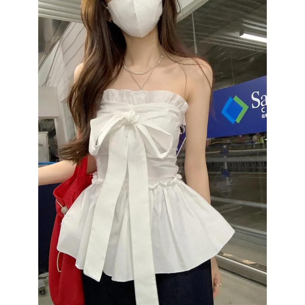 Women's Clothing SpicySweet Style Ruffle Bow Tie Halter Top Slim Fit Versatile Top
