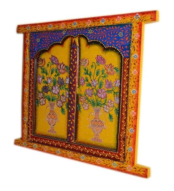 Hand-Painted Wooden Jharokha: Antique Indian Window Wall Decor