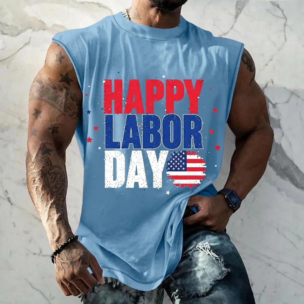 Men's Sleeveless Muscle Tank Top Casual Loose Fit Athletic Workout Shirt with Labor Day Graphic Print for Summer Outdoor Activities