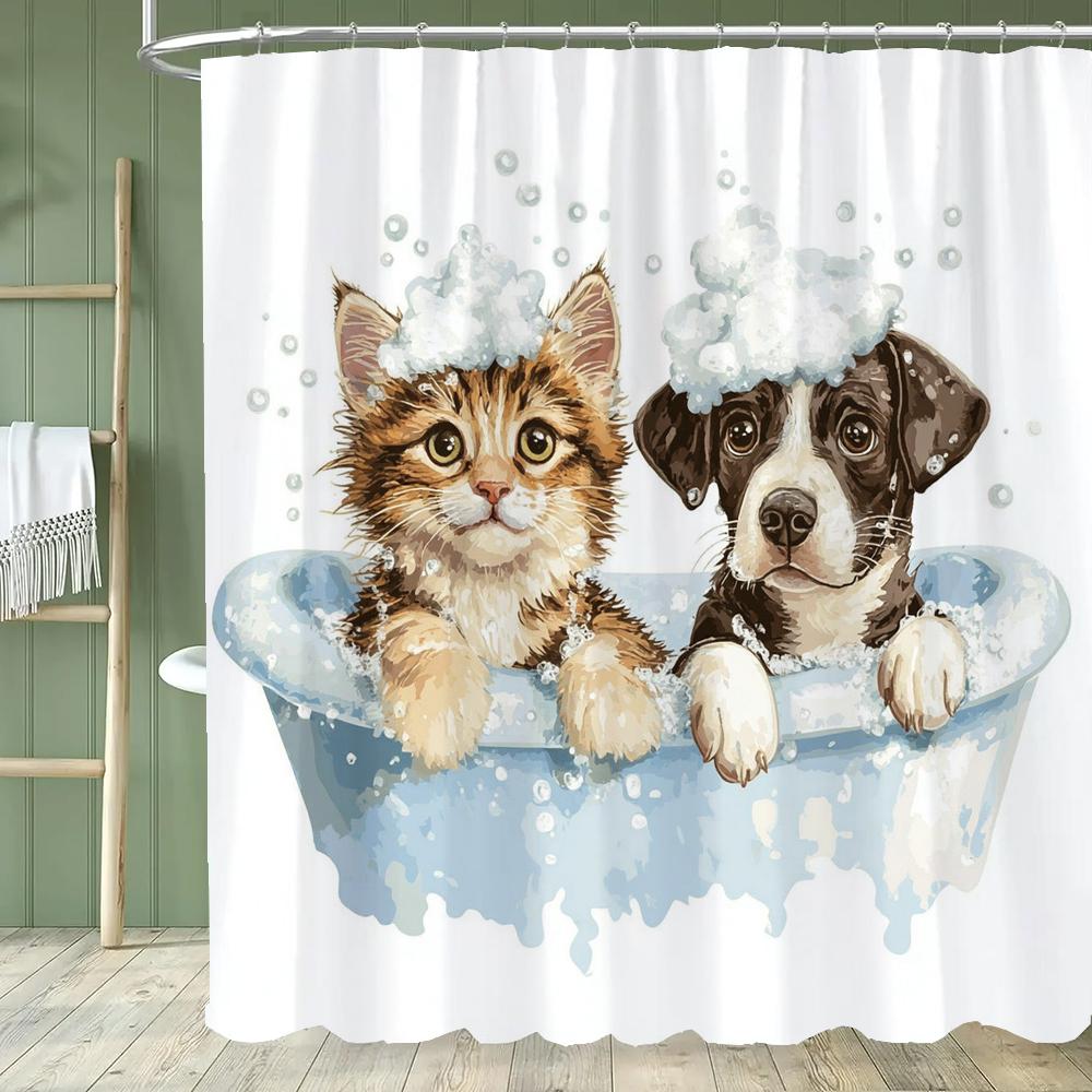 1 piece Cartoon Cat Shower Curtain, Cute Cat and Dog Bathroom Decorative Curtain, Home Printed Polyester Curtain with Hooks