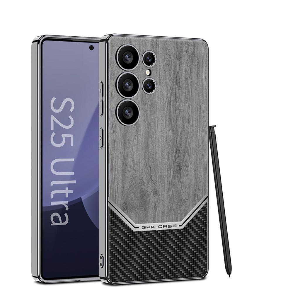 Samsung S25ultra Mobile Phone Case Wood Grain Electroplating Plain Leather S24ultra Fine Hole Full Inclusive Anti Fall Protection Case