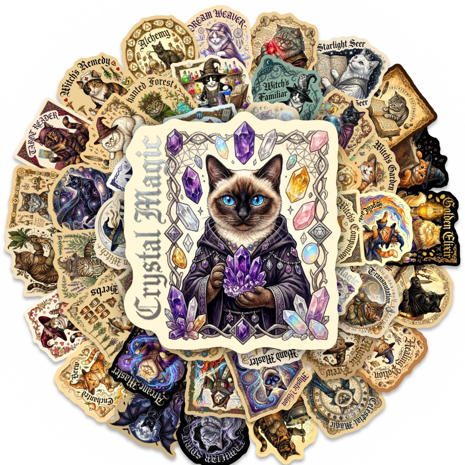 

50 Retro Magic Cat Stickers Wizard Cat Magic Book Hand Account Decorative Stickers Waterproof Graffiti Stickers