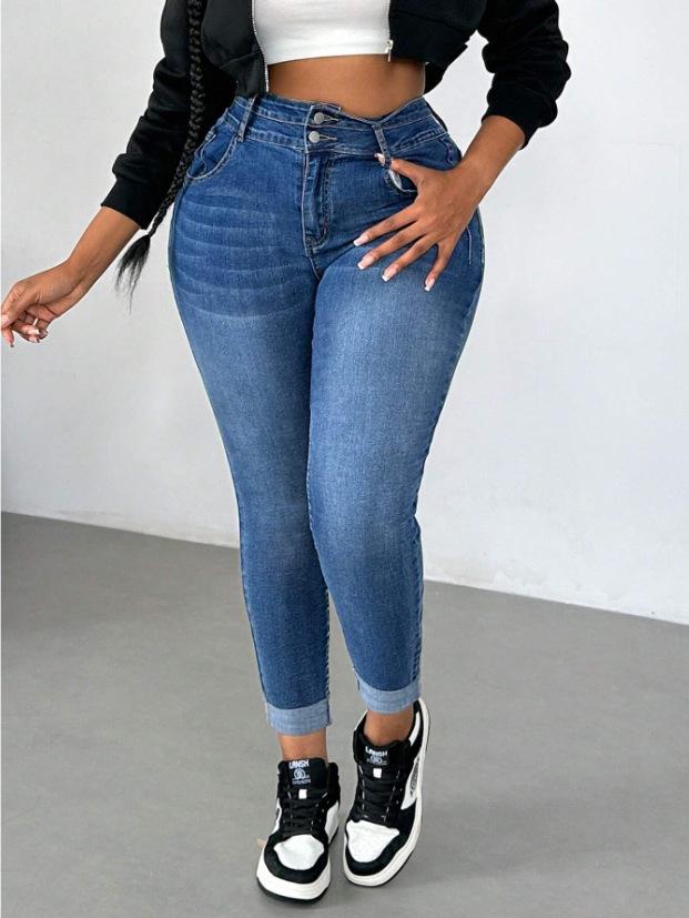 

European and American Plus Size Elastic Button-Up Skinny Jeans for Women 2XL синий