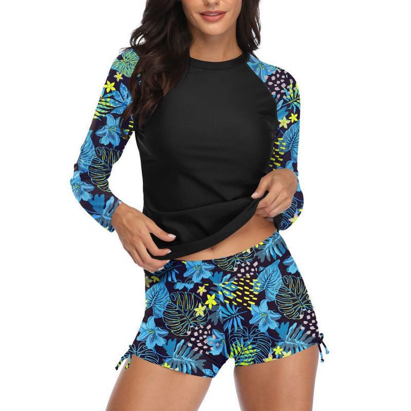 Traje de baño de surf de dos piezas para mujer con manga larga y bañador tipo bóxer 2024