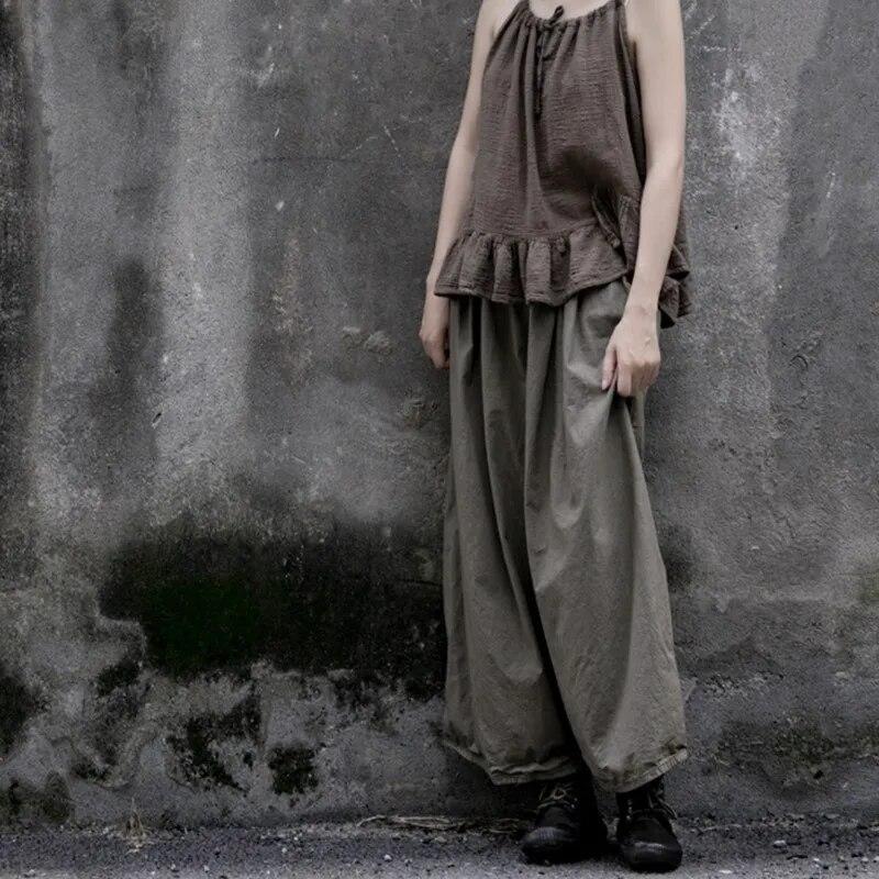 Johnature Women Cotton Vintage Wide Leg Pants Elastic Waist Loose Olive Grey Autumn Trouser Women Casual Soft Pants