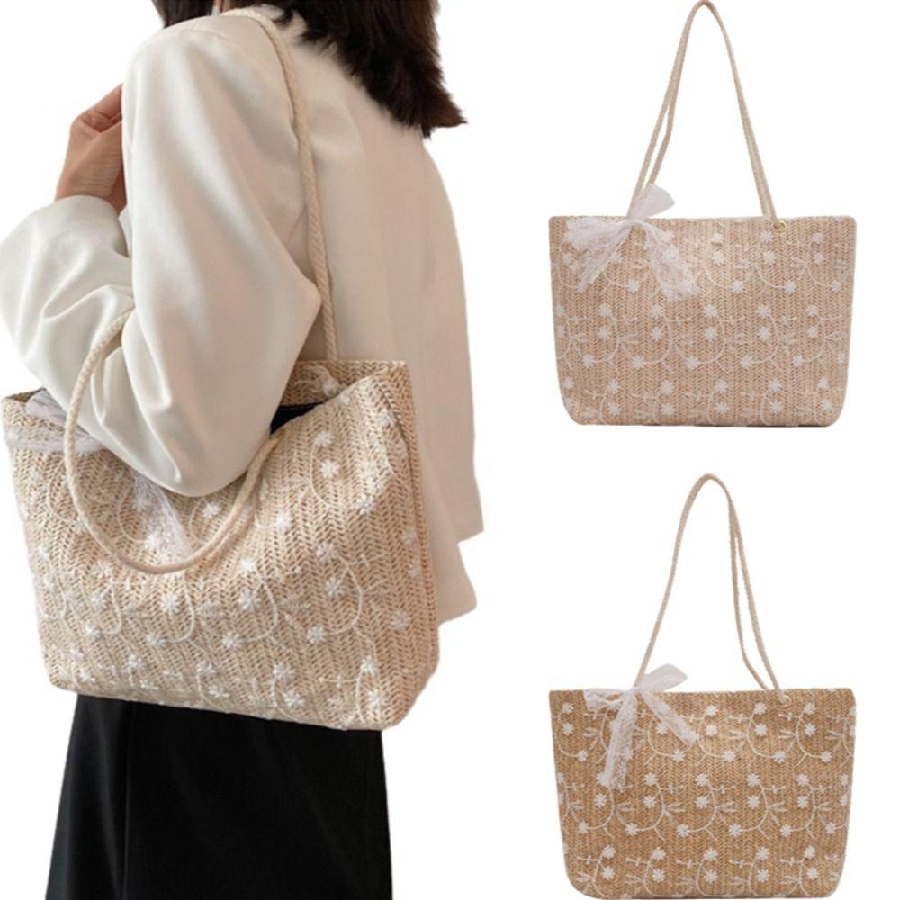 Portable Straw Woven Shoulder Bags Lace High-capacity Beach Bag All-Match Waterproof Shopping Bag Summer