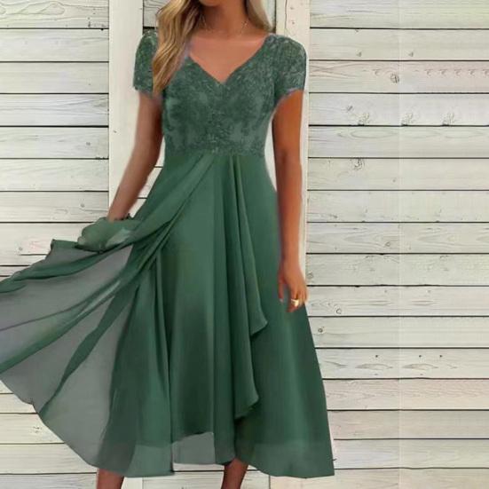 V-Ausschnitt Kurzarm Tailleneng Hochtailliert Abendkleid Elegant Stickerei Spitze Floral