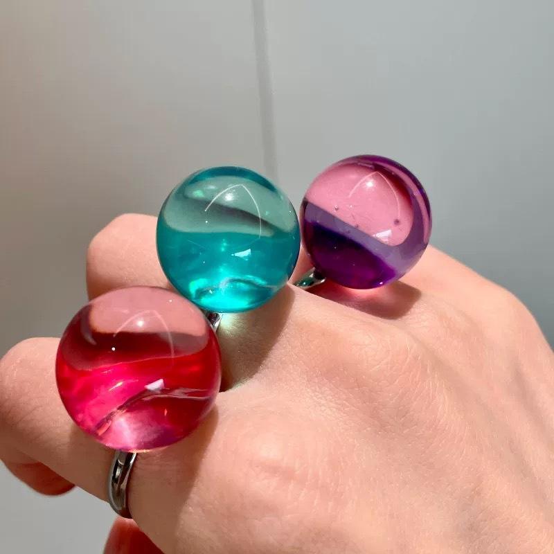 Korean Creative Transparent Colorful Geometric Ball Resin Fnger Ring Sweet Y2K Large Acrylic Round Ring Jewelry For Women Girl