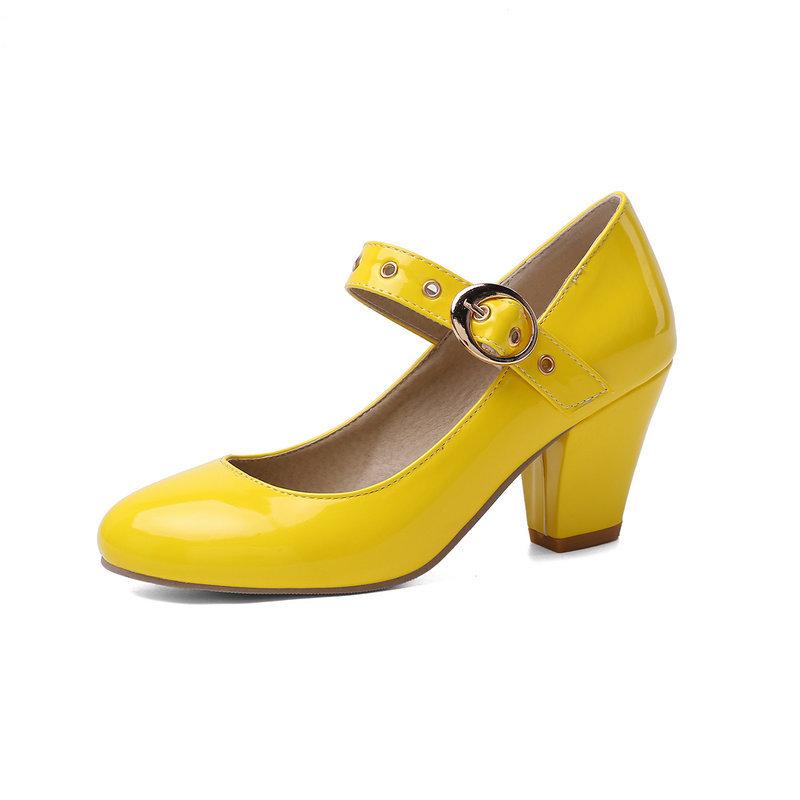 

Туфли на грубом каблуке, женские туфли, новые, весна-осень, с круглым носком, универсальные, на среднем каблуке, белые кожаные туфли, летние, легкие 34 жёлтый