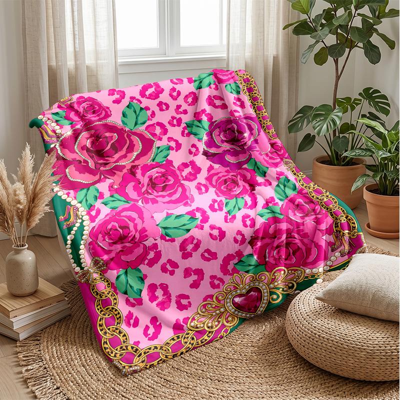 Pink Roses and Bows on Stripes Theme blanket Lightweight Warm Flannel Blanket Decorative Throw Blanket for Home Decoration