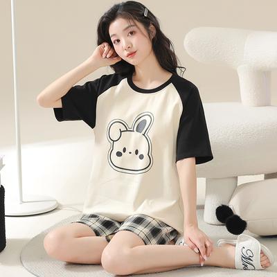 Conjuntos de Pijama de Pantalones Cortos a Cuadros de Verano Lindo Conejo Estampado Algodón Pijama Casual Ropa de Dormir Pijama de Mujer Cuello Redondo Ropa para el Hogar
