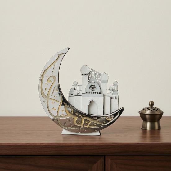 Ramadan Table Decoration Wooden Crescent Moon Star Eid Mubarak Ornament LED Light Up Ramadan Kareem Mosque Sign for Islamic Home Decor