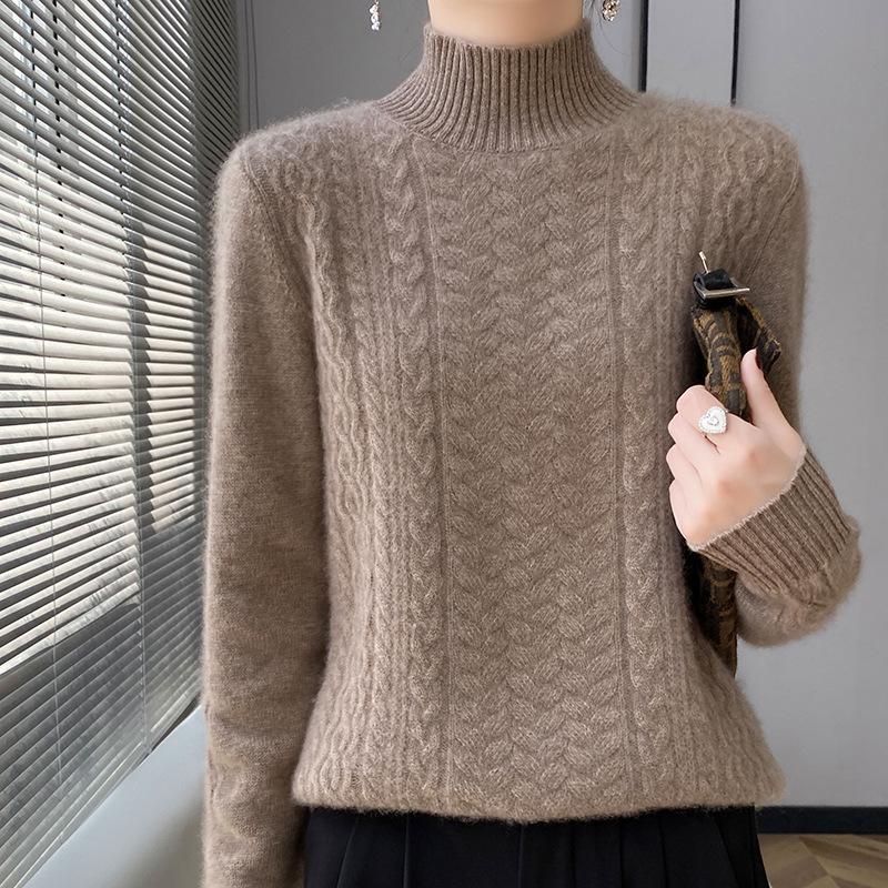 Women's Thick Basketweave Knit Pullover - Autumn/Winter, Half-High Neck, Long Sleeve, Elegant Base Layer.