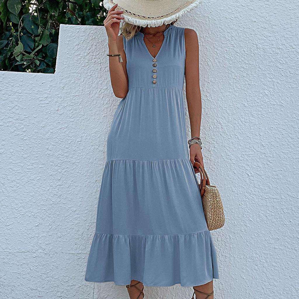 Sommer Neues ärmelloses, lockeres, mittellanges Kleid mit V-Ausschnitt aus Europa und Amerika