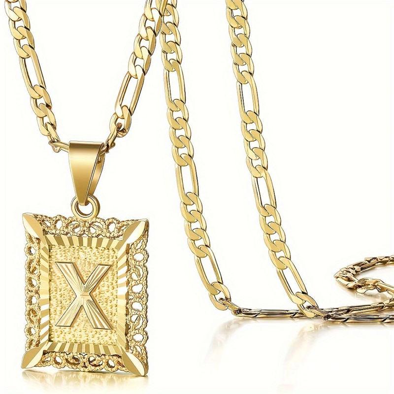 Initial Letter Pendant Necklace for Men Women 14K Gold Plated Square Necklace 26 Letters Long Chain Necklace GZW