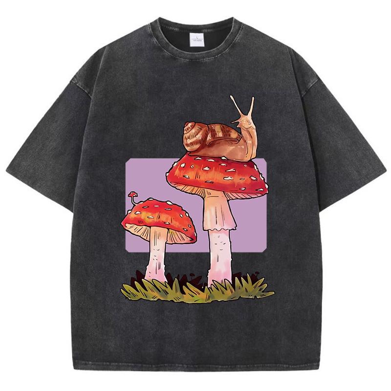 Snail Mushroom Creative Printed Womens Washed T Shirts Cotton Hip Hop T-Shirt Casual Y2K Soft Sportswear Loose Clothes