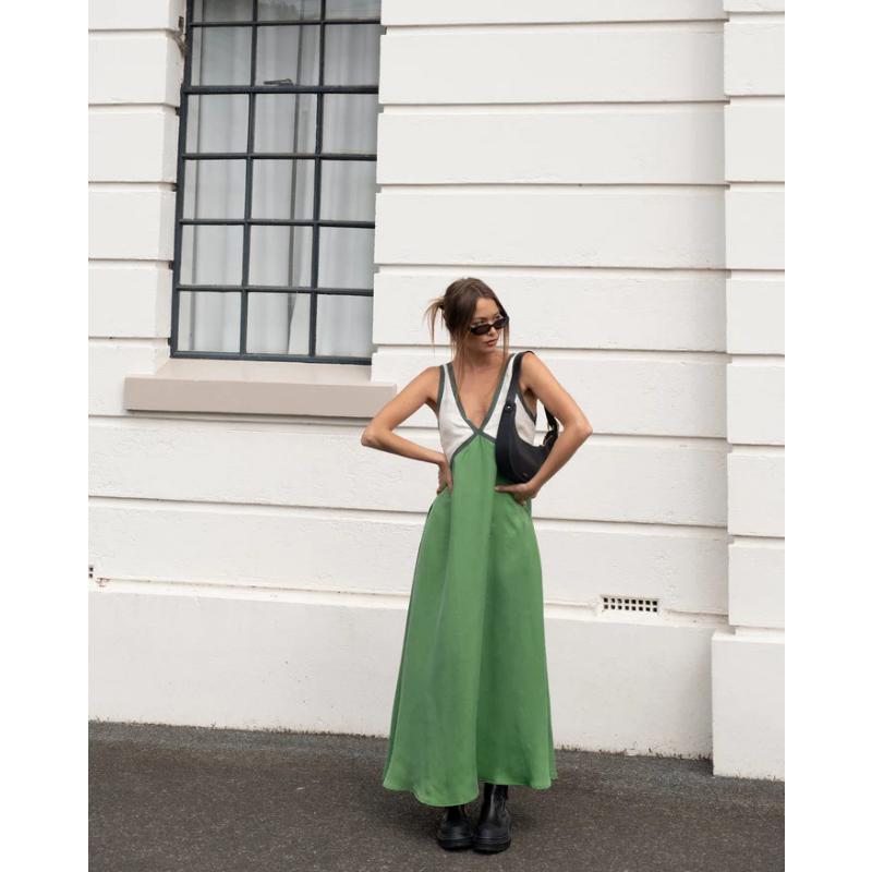 Women's Summer Color Block V Neck Sleeveless Tank Maxi Dress Loose Casual Vacation Beach Long Dress for Women