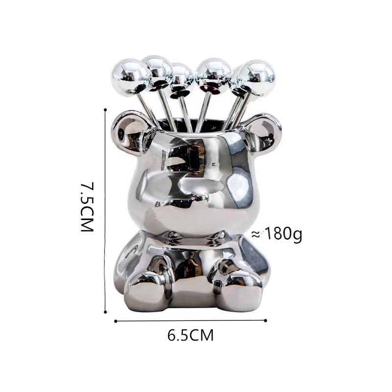 Ceramic Bear Jar with Stainless Steel Fruit Forks - Light Luxury Cutlery Set