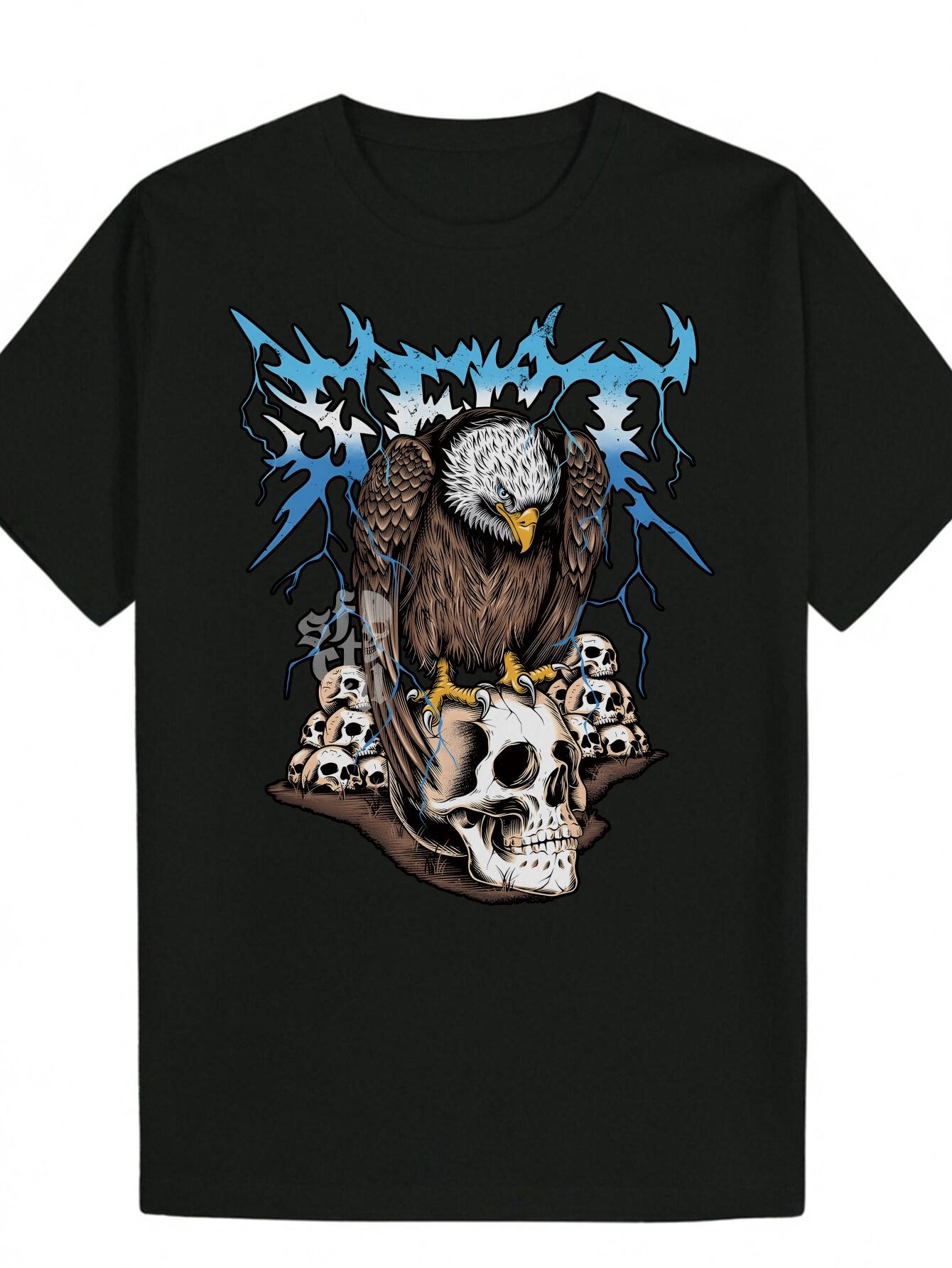 Polyester T-shirt with Eagle & Skull Graphic - Black XL