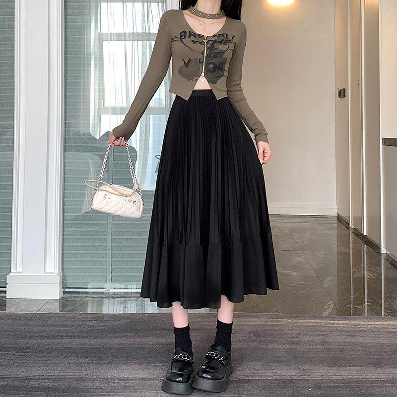 Drape High-Waist Slim-Fit Midi Skirt for Women - Spring/Summer Loose Pleated Flattering A-Line Maxi Half Skirt