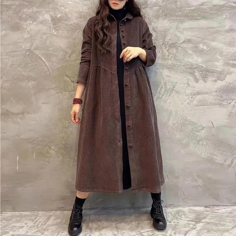 Women's Casual Retro Style Dress with Turn-down Collar and Long Sleeves