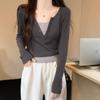 Spice Girl Shoulder Long Sleeve T-Shirt Women's Early Autumn Design Sense Splicing Fake Two Pieces Slim V-Neck Contrast Color Versatile On Clothes