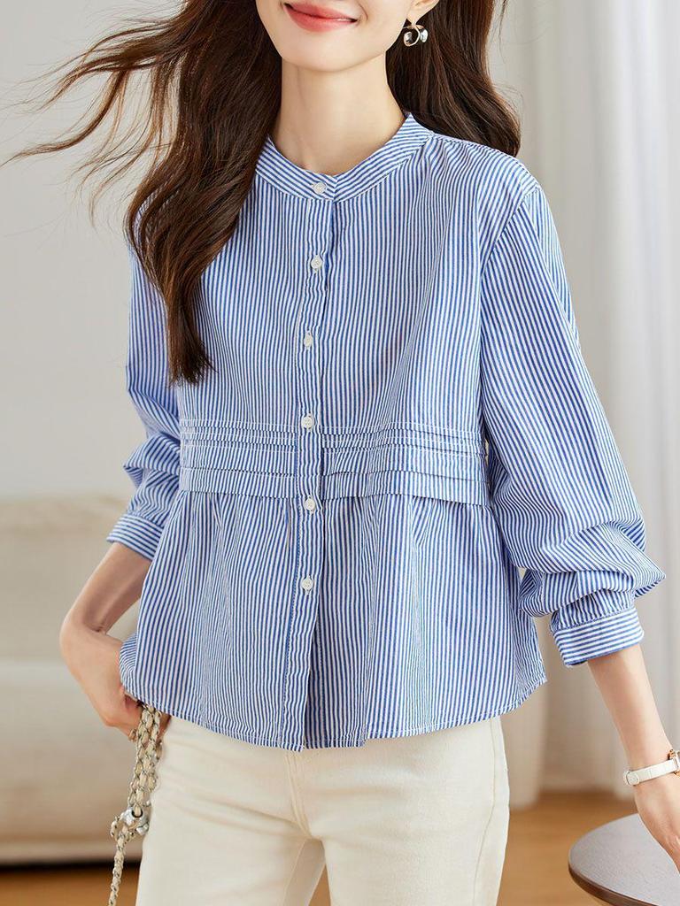 2025 Women's Pure Cotton Striped Long Sleeve Round Neck Shirt – Comfortable, Breathable, Versatile Casual Classic