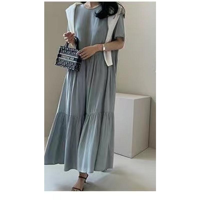 

Летнее однотонное платье с круглым вырезом и плиссированными короткими рукавами XXL сине серый