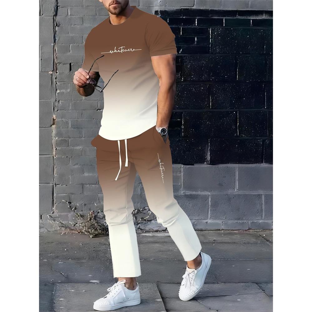 New Summer Men's Sports Suit Men's Round Neck Splicing Printed Short-sleeved T-shirt Loose Pants Two-piece Set Streetwear