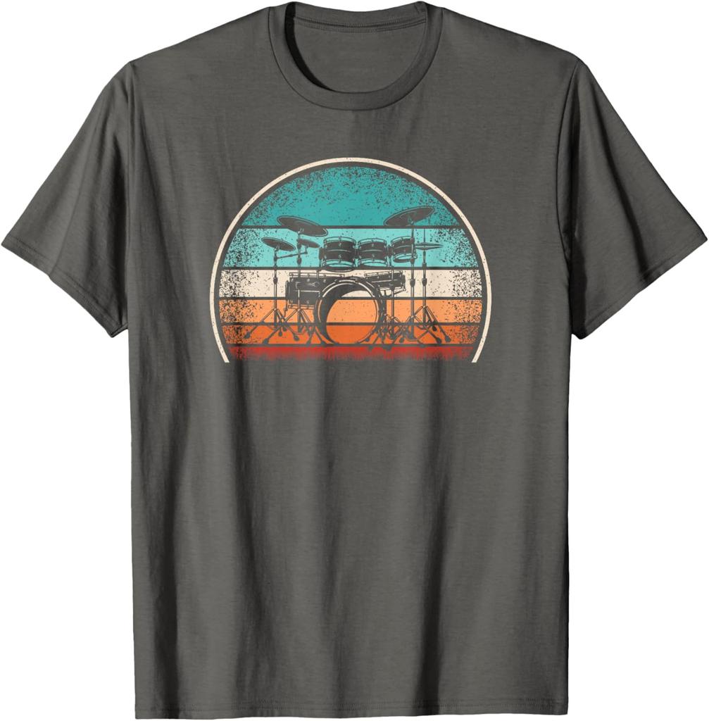 Retro Drum Set Drummer Vintage Sunset Graphic Tee Casual Cotton T-Shirt for Music Lovers