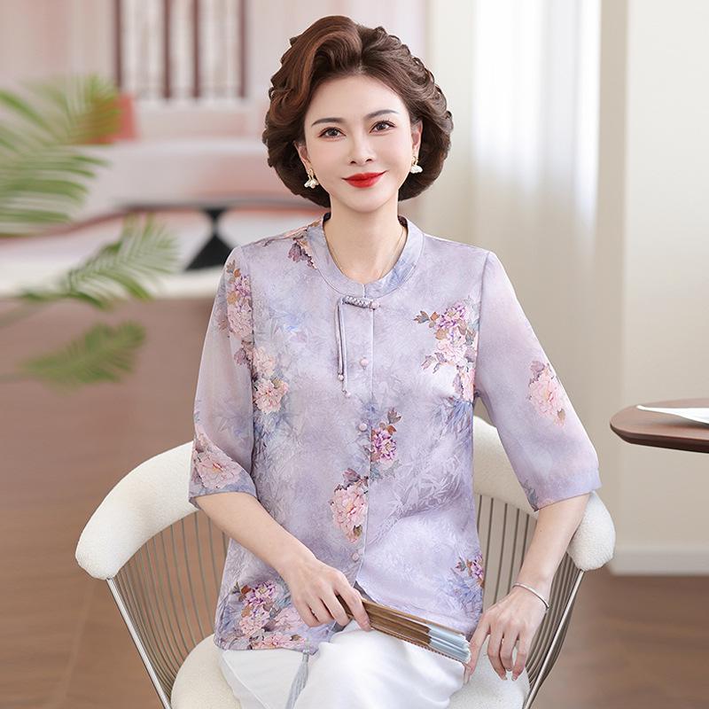 Mom's 2026 Chinese Style Summer T-Shirt - Short Sleeve, Age-Reducing Top for Middle-Aged & Elderly Women