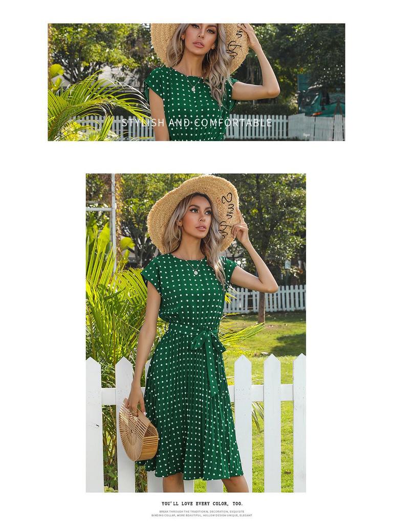 2026 Summer Polka Dot Pleated Lace-up Dress - Mid-length Casual Short-sleeved Style for European and American Markets