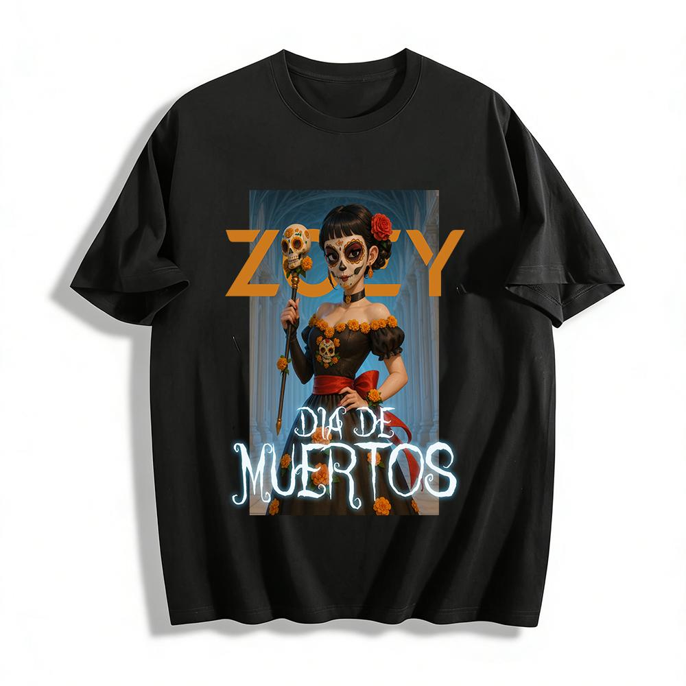 

Dia De Muertos Zoey Print Off Shoulder Top Mexican Marigold Skull Cultural T-Shirt Pure cotton T-shirt XXS