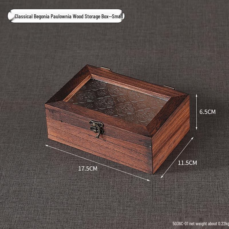 Retro Begonia Glass Lid Wooden Storage Box for Sundries, Dried Fruits, Cosmetics, and Documents